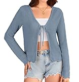 GRACE KARIN Women's Open Front Knit Cropped Cardigan Tie Front Long Sleeve Cardigan Sweaters for Dress Denim Blue