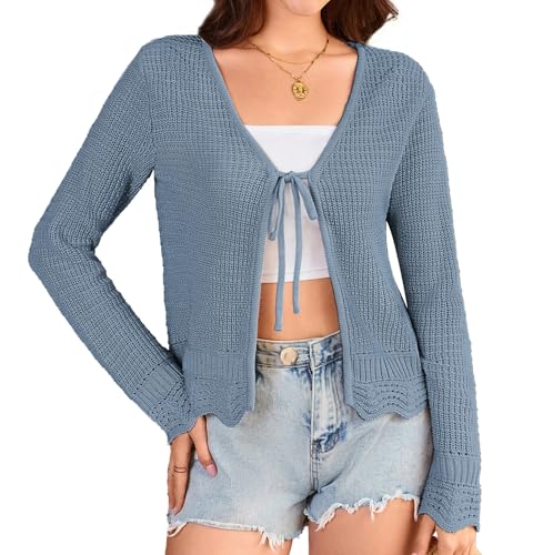 GRACE KARIN Women's Tie Front Long Sleeve Cardigan Sweaters Crochet Lightweight Open Front Fall Shrug for Dresses Denim Blue, X-Large