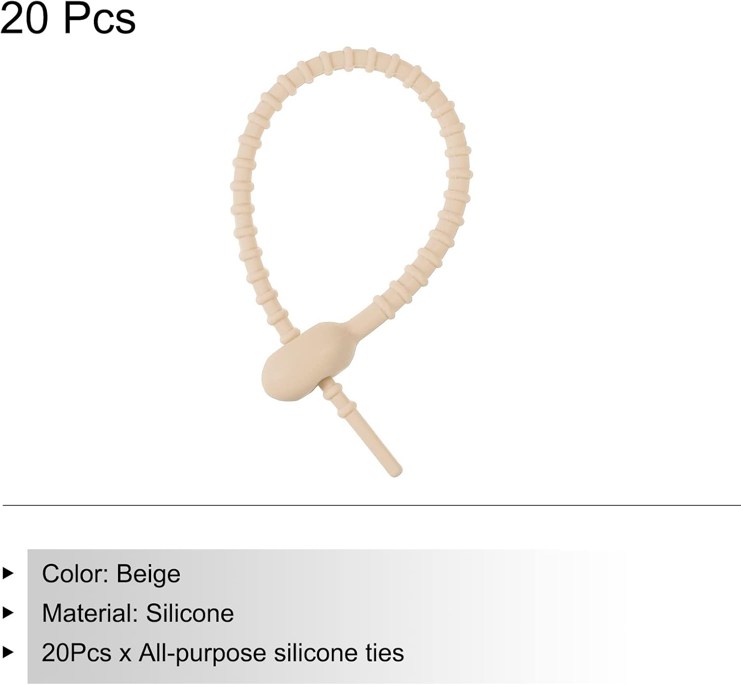 MECCANIXITY 20 Pack Silicone Cable Ties 7 Inch Reusable Zip Ties Silicone Twist Ties for Home Office Kitchen Organizer Food Bag Cord Key Management Beige