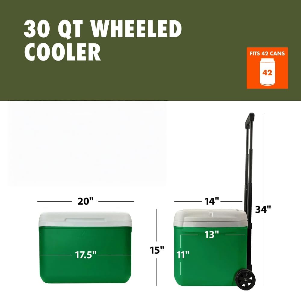 30 Quart Wheeled Hard Side Cooler, 42 Can Capacity Portable Ice Chest with Telescopic Handle & Cup Holders for Outdoor Camping