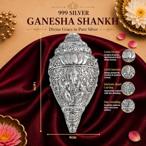 Image of DIVINITI 999 Silver Plated Sacred Ganesha Shankh with Luxury Velvet Gift Box|Antique Silver Finish Decorative Conch Shell for Home Temple, Pooja Room & Spiritual Decor|Auspicious Vastu Gift|14 x 8 cm