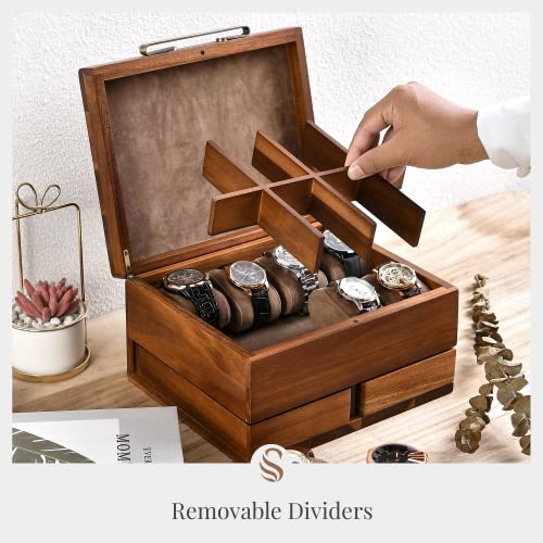 Shanik Luxury Large Watch Box Organizer For Men With 8 Divided Slots, Soft Velvet Pillows, And Pull-Out Drawers For Wallet, Cufflinks, And Accessories, With Engraving #TOP6