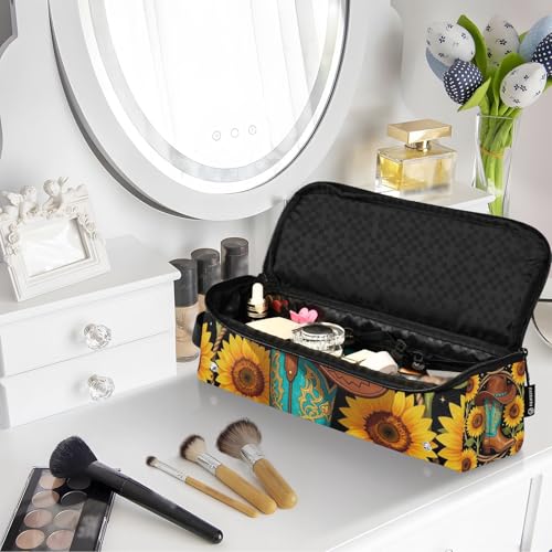 Bolsa de viaje para herramientas de cabello y tapete resistente al calor para planchas, rizadores y alaciadores con diseño de bota vaquera occidental, herradura y girasol para mujeres miniatura 7