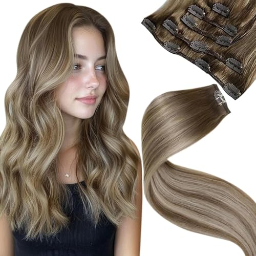 Image of LaaVoo Hair Extensions Clip ins Ombre Blonde, Real Human Hair, 20inch | Natural Look for Thinning Hair, Silky Straight, 5pcs 80g, Easy Wear, Light Brown to Blonde