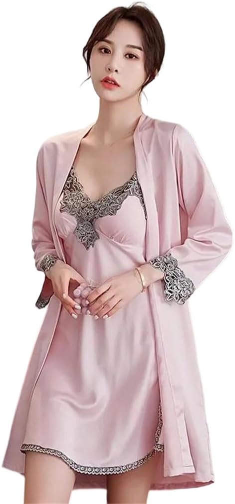 Women Satin Robe Set Sexy Sleepwear Kimono Bathrobe With Chest Pad Lace Nightgown Lingerie