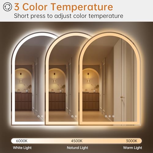 OUMUSU 24"x36" Arched LED Mirror for Bathroom - Frameless Lighted Bathroom Mirror with Lights, Fogless, Dimmable, 3 Color Changing, Shatterproof, Touch Sensor by OUMUSU - Used condition - Image 3