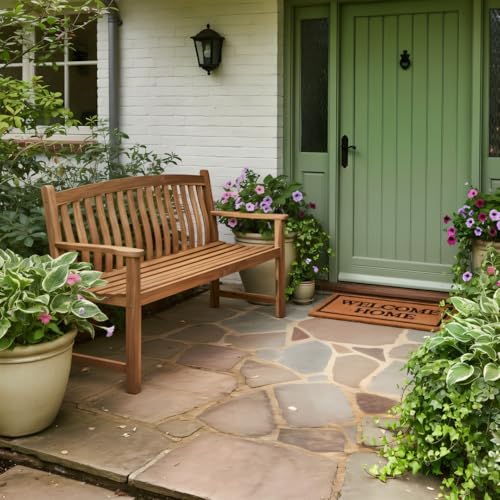 VICTORY RELAX Natural Acacia Wood Outdoor Garden Bench, Wooden Bench Outdoor with Comfortable Backrest, Weatherproof Outdoor Furniture for Porch, Patio & Garden, 60.2\" x 24.2\" x 37\"