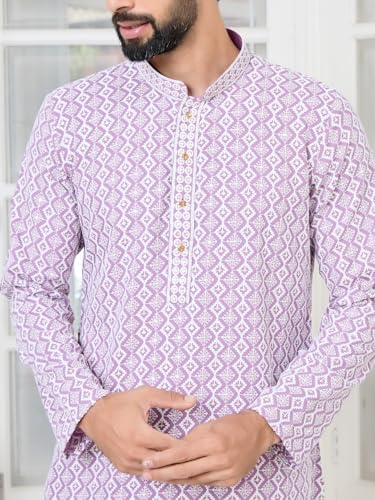Image of See Designs Men's Full Sleeve Mandarin Collar Embroidered Thread Work Sequinned Rayon Straight Long Kurta - Festive Collection