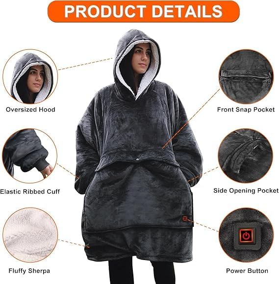 Wearable Heated Blanket Hoodie,USB Heated Blanket Electric Wearable Blanket,Electric Blanket with Sherpa Fleece Flannel,Giant Pocket,3 Heat Settings,3 Hours Auto Shut-off (No Power Supply) - Image 4