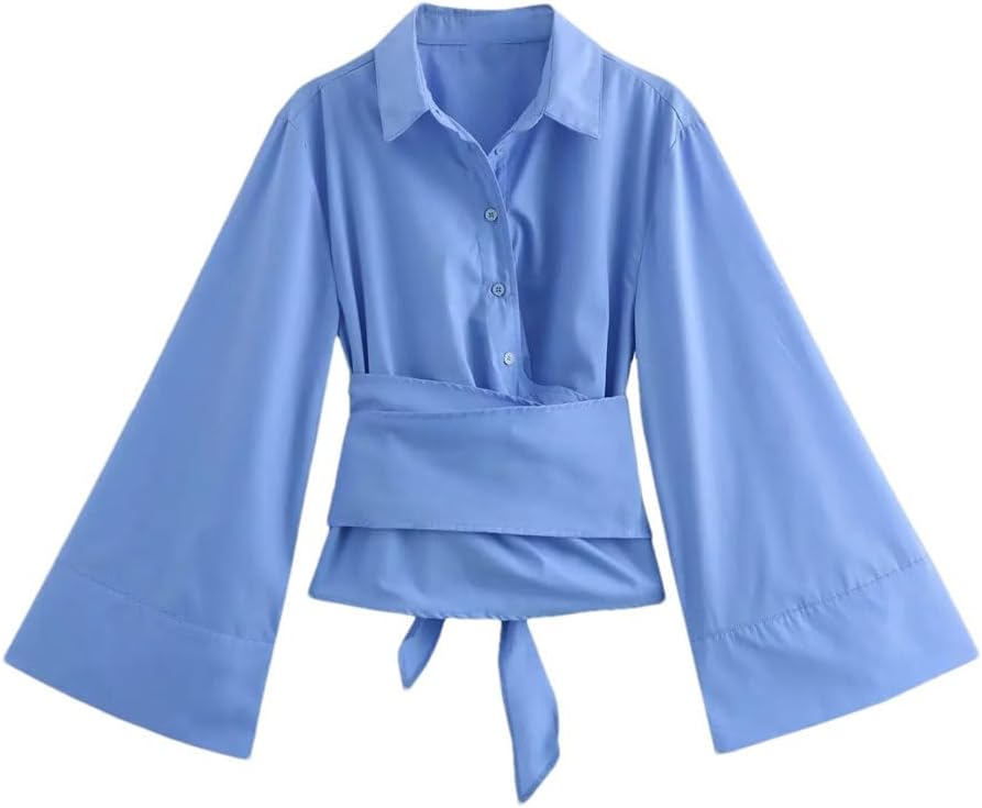 Women's Solid Single Breasted Waist Tie Shirt
