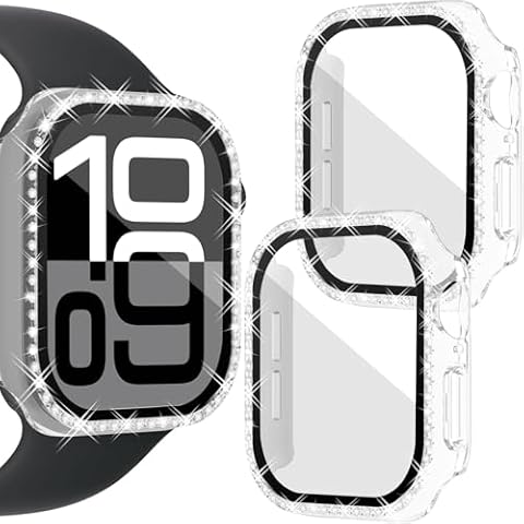 RICHONE 2 Pack Bling Case for Apple Watch Series 10 42mm Screen Protector Cases, Diamond Face Covers Apple Watch 10 42 mm Crystal Rhinestone iWatch Protective Tempered Glass Screen Protectors Clear Cover