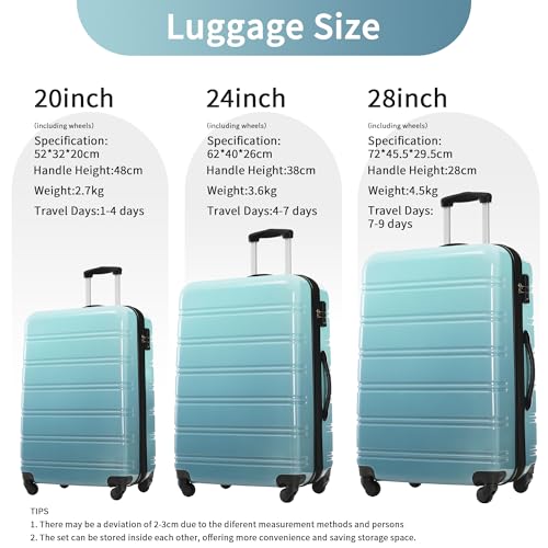3-Piece Hardshell Luggage Sets with Gradient Colors – Expandable 20" 24" 28" Suitcases, 360° Spinner Wheels, TSA Lock, Lightweight PC Material, Scratch-Resistant Design (Blue+Multi)3