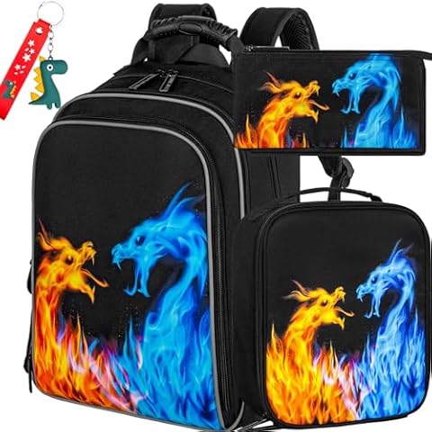 3PCS Kids Backpack for Boys, 16 Inch Red Blue Fire Dragon Water Resistant Preschool Backpacks, Elementary Kindergarten School Bookbag Set for Teen Travel Cover