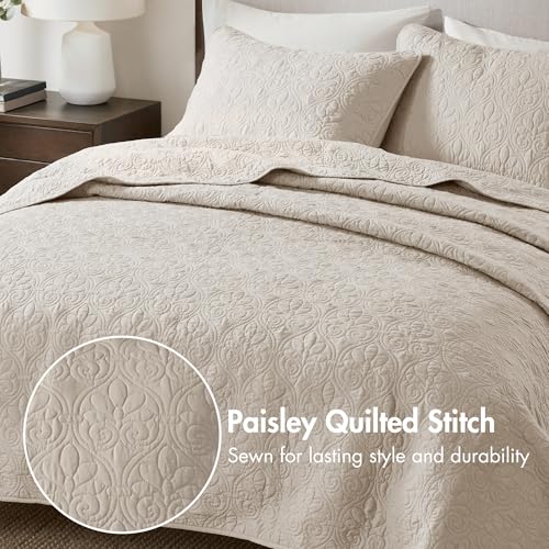 Image of Madison Park Luxurious Cotton Damask Quilt Set, 3PC Full /Queen Bed Set | All Season, Lightweight Stitching Coverlet Bedspread Bedding Stitching with Shams, Cream