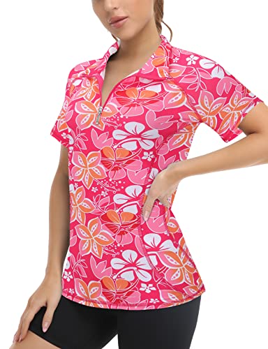 Koscacy Polo Shirts For Women,Exercise Yoga Quick-Dry Running Zip Up Tops Workout Daily Casual Lightweight Sweat-Wicking Training Fitted Gym Golf Clothes Pink Floral X-Large #TOP26