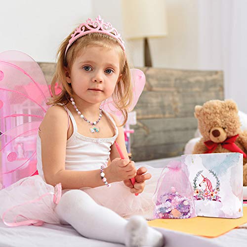 G.C 3 Sets Girl Princess Necklace Bracelet with Colorful Unicorn Mermaid Rainbow Pendant Kids Stretchy Chunky Costume Jewelry Gift Party Favors Dress up Jewelry for Little Girl Toddler(with Gift Box) (A) - Thumbnail 7