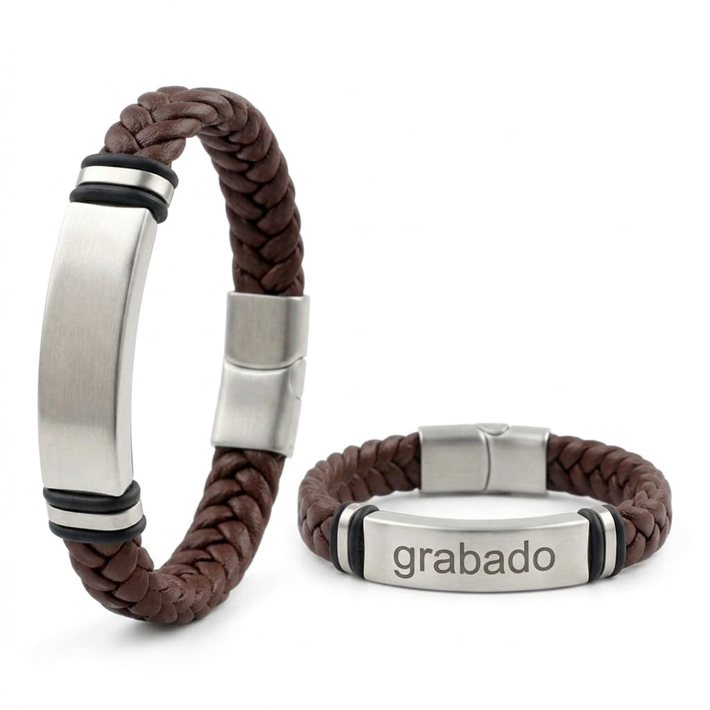 Pulsera Piel Trenzada Personalizable Hombre-Grabado Personalizado Nombre Fecha-Ajustable Cierre Seguro Acero Inoxidable-Diseño Elegante Regalo Original Pareja Amistad Cumpleaños Navidad