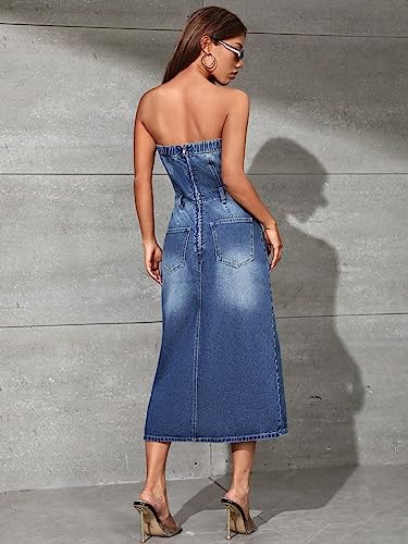 Image of WDIRARA Women's Strapless Tube Top Sleeveless Split Back Fitted Denim Midi Dress