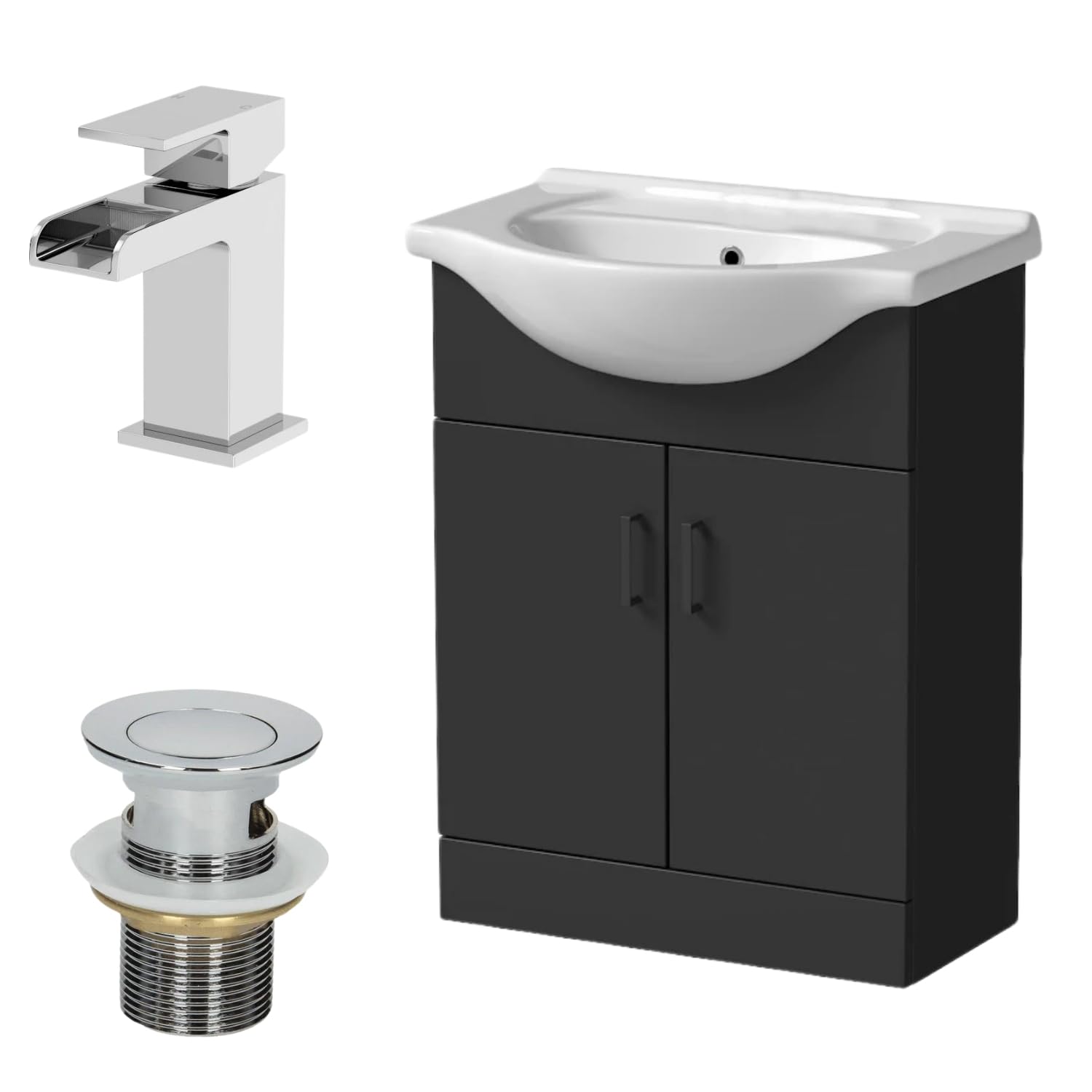Affine® 650mm Bathroom Vanity Unit Ceramic Sink Floorstanding Storage Cabinet Cupboard & Chrome Waterfall Basin Tap & Waste Set, Matt Black