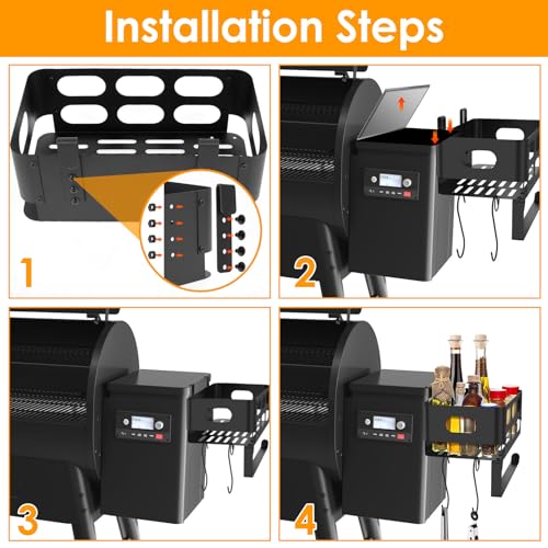 US Grill Accessories Storage Shelf Iron Grill Storage Bin Built in Paper Towel Holder BBQ Storage Box with 4 J Shape Hooks Convenient to Use Install Grill Storage Suitable for Traeger(1,black)