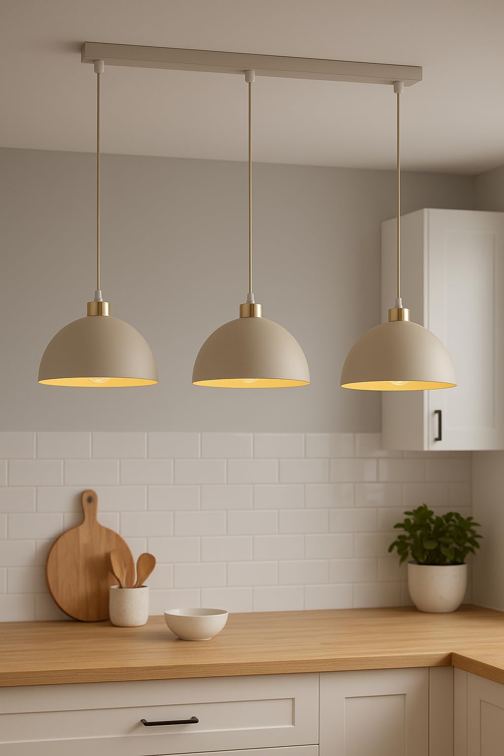 Pendellampe 3-flammig Beige – Moon Ecru Kaschmir Leuchte aus Metall – E27 Lampen für Esszimmer oder Wohnzimmer – LED geeignet