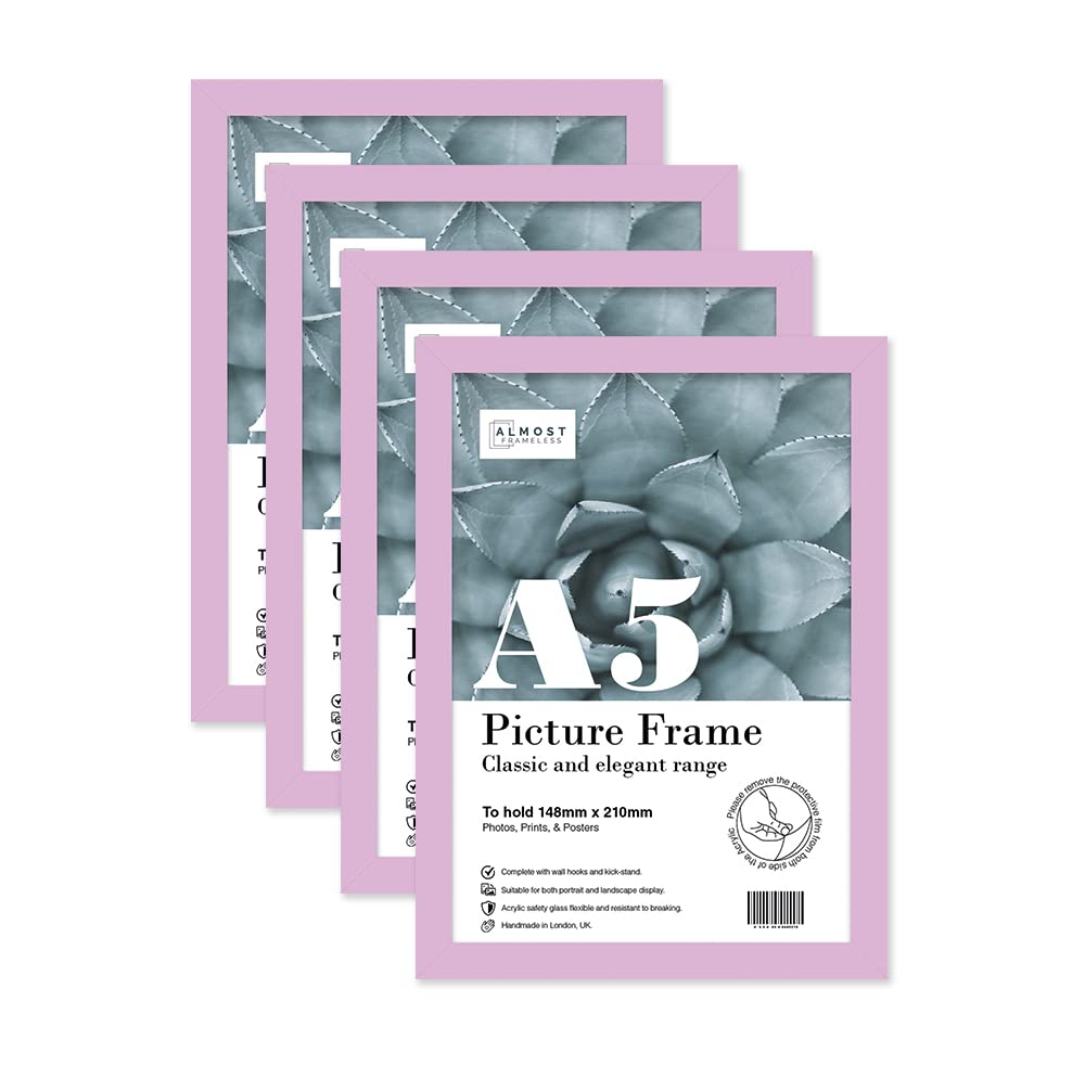 Almost Frameless A5 Lilac Picture Frame Set of 4, Display A5 Picture Gallery Wall, Poster, Photo, Artwork, or Print, Lilac