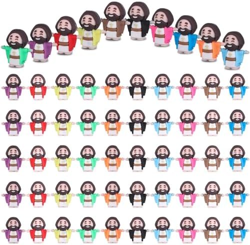 50 Packs Mini Jesus Figures Religious Tiny Jesus Figurine Rubber Jesus Doll to Hide and Seek Church Favors Gift for Sunday School Baptism Activities Party Supplies, 10 Colors