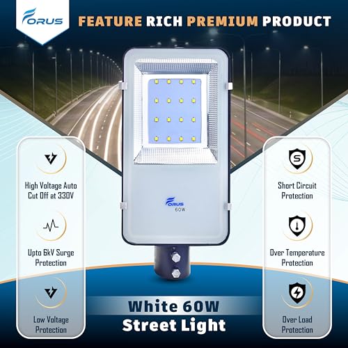 Image of Forus LED Street Light 60W Waterproof IP66 Outdoor White Lamp for Home Garden Parking Lot Road Pathway Highway Warehouse Factory Yard Driveway Pole Mounted LED Streetlight, 5 Years Warranty, 1Pc