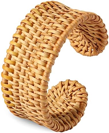 HSWE Rattan Bracelet for Women Handmade Lightweight Straw Wicker Braid Cuff Bangle Bracelet Statement Adjustable Bohemian Rattan Woven Chunky Bracelets for Girls Summer Wrist Jewelry