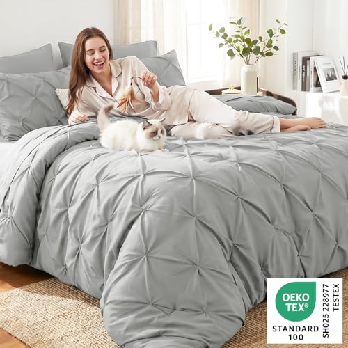 CozyLux California King Comforter Set Light Grey, Cal King Pintuck Bed in A Bag 7 Pieces, All Season Bed Set Gift for Family, Pinch Pleat Bedding Sets with Comforter, Sheets, Pillowcases & Shams by CozyLux - Image 2