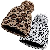 Winter Knit Beanie Hat with Leopard Pattern Fur Pom Warm Slouchy Skull Cap for Women Girls