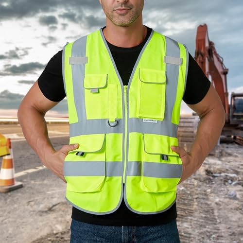 HYCOPROT High Visibility Safety Vest with Zipper and Pockets, Hi Vis Construction Vests Reflective Strip for Men Women Unisex Security Running Outdoor Protective Work Gear, Meets ANSI/ISEA Standard - 1