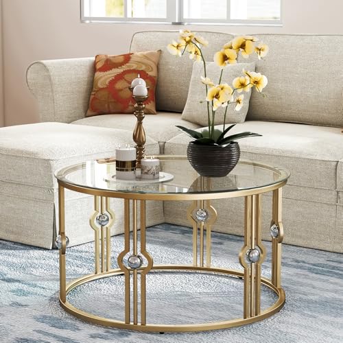 OIOG Glass Coffee Table for Living Room, Gold Coffee Table with Tempered Glass, Round Coffee Table for Office