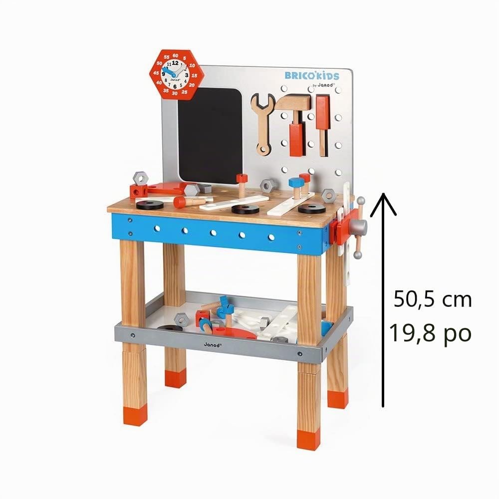 Janod - Mon Premier Jeu de Construction - Etabli Magnétique Géant en Bois - Jouet d'Imitation - 40 Accessoires Inclus - Bleu & Rouge - 3 Ans + -J06477