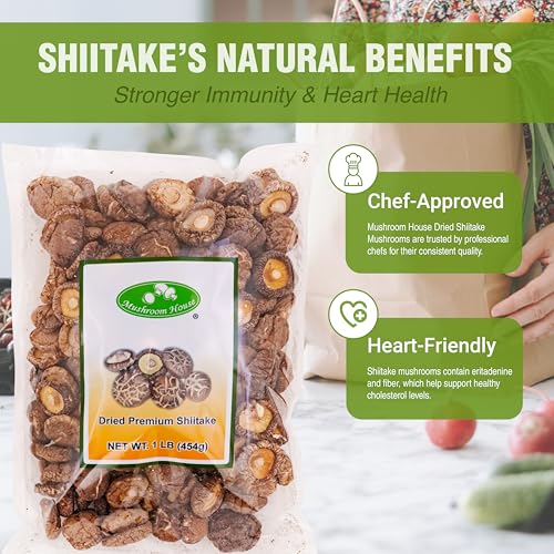 Amazon Title: Mushroom House Dried Shiitake Premium Mushrooms, Whole, 16 oz - Naturally Dried, Rich Umami Flavor - Ideal for Stir-Fries, Soups, Ramen, Stews, and More - Long Shelf Life, Clean and Ready for Cooking