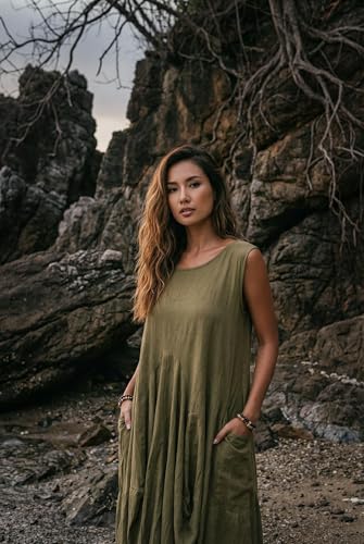 Image of Thaluta Women's Boho Cotton Sleeveless Dress Casual Loose Fit Maxi Dress with Big Pockets Fair Trade Light Summer Sundress