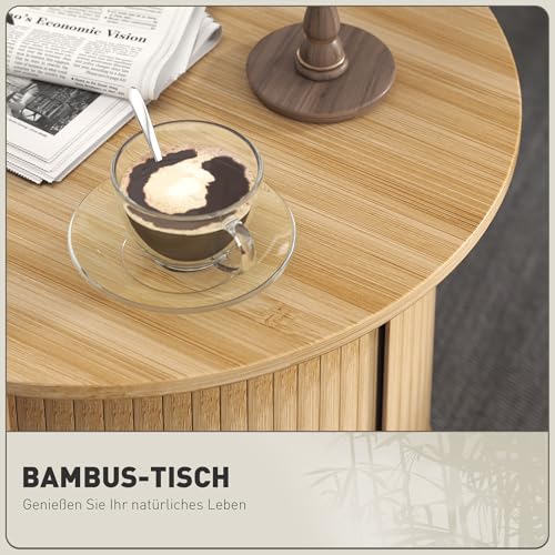HOMCOM Couchtisch Wohnzimmertisch aus Bambus mit verstecktem Stauraum und Schiebetür, runder Beistelltisch im Modern-Stil, für Wohnzimmer, Natur, Ø60 x 45 cm – Bild 5