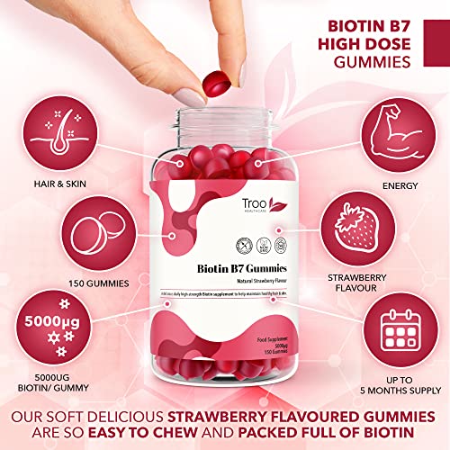 Biotin 5000mcg Hair, Skin and Nail Growth Support Gummy Supplement - 150 Natural Strawberry Flavour Chewable Gummies - 5 Months Supply – Vegan Friendly – For Men and Women - Image 4