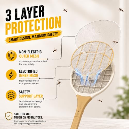 Image of HUNTER Premium Rechargeable Mosquito Swatter Bat | Electric Insect & Fly Zapper Racket | Portable Bug Killer for Home, Office & Outdoor Use, Gold, (Pack of 1)