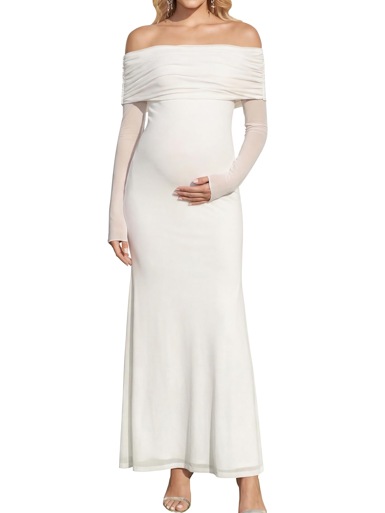 Off Shoulder Strecth Maternity Dress Long Sleeve Floral Maxi Wedding Guest Pregnancy Baby Shower Photoshoot Dresses-image-37