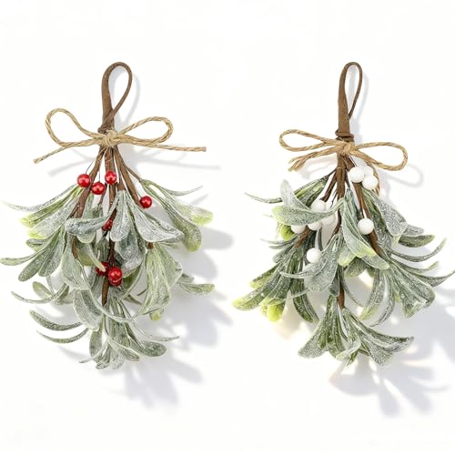 Jadeunm 2 Stück Weihnachts Mistelzweig Dekoration Künstliche Mistelzweige 23 cm Glitzer Misteldekoration mit Weiß Roten Beeren Weihnachtsbaum Zubehör