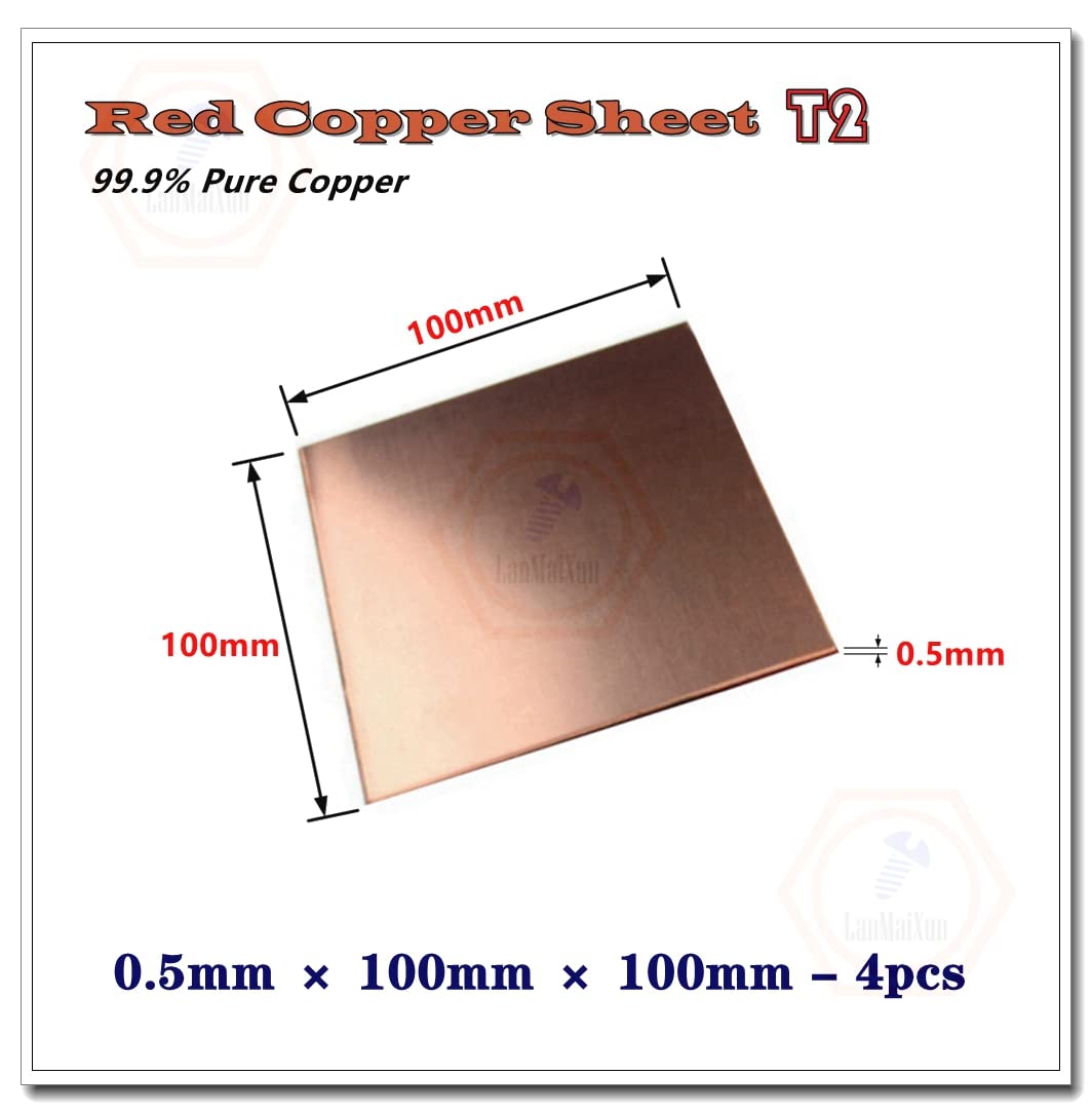 Lamine Di Rame Puro - 4 Pezzi, 50x50x0.8mm, 99% Rame, Per Lavorazioni Metalliche E Elettroniche