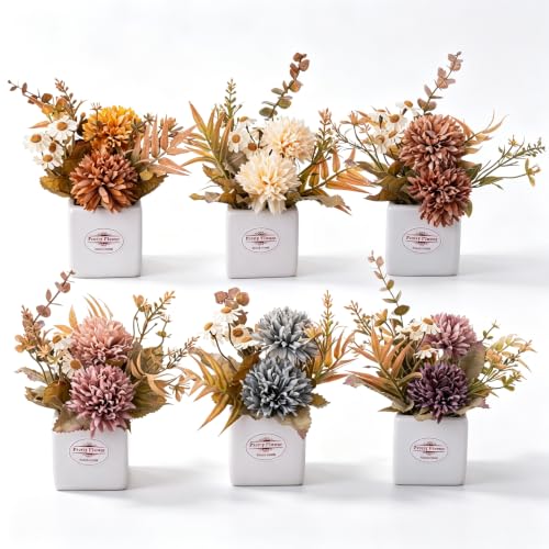 6PCS Artificial Fall Flowers with Ceramic Vases Chrysanthemums & Daisies