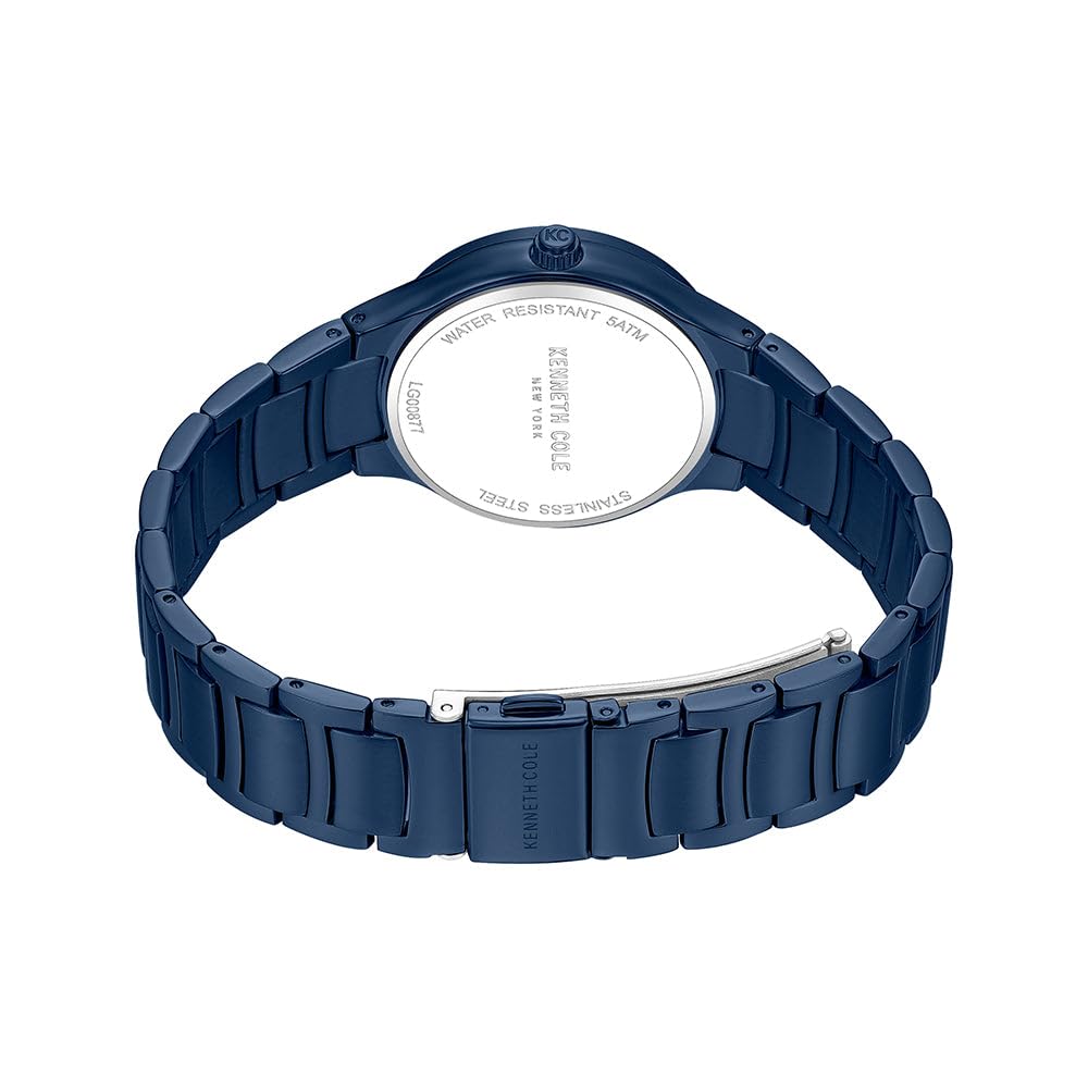 Kenneth Cole New York Reloj clásico para mujer, colección Monroe, esfera de nácar texturizada azul, caja azul y pulsera de acero inoxidable, reloj de vestir minimalista