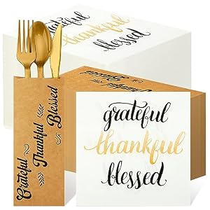 Colarr 100 Pcs Thanksgiving Fall Disposable Napkins Paper and Thankful Grateful Blessed Silverware Bags Silverware Sleeves Cutlery Thanksgiving Utensil Holder for Dinner Table Decorations