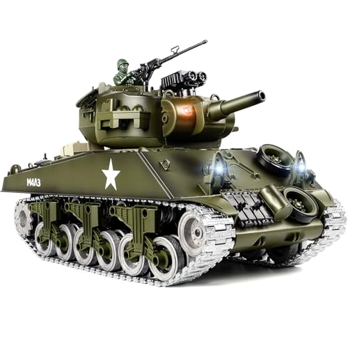 Supdex 1:18 RC Tank for Adult and Kid, 2.4G US M4A3 Sherman Alloy Metal Tracks Model Toys, RC Vehicle Tank That Shoots BBS with Smoke, Lights, Sound, Military Army Toys with 2 Rechargeable Battery
