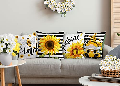 Hexagram Sunflower Pillow Covers 18X18, Buffalo Plaid Sunflower Decor Summer Pillow Covers For Couch Sofa Indoor Outdoor Yellow Sunflower Bee Pillows Summer Decorations #TOP1