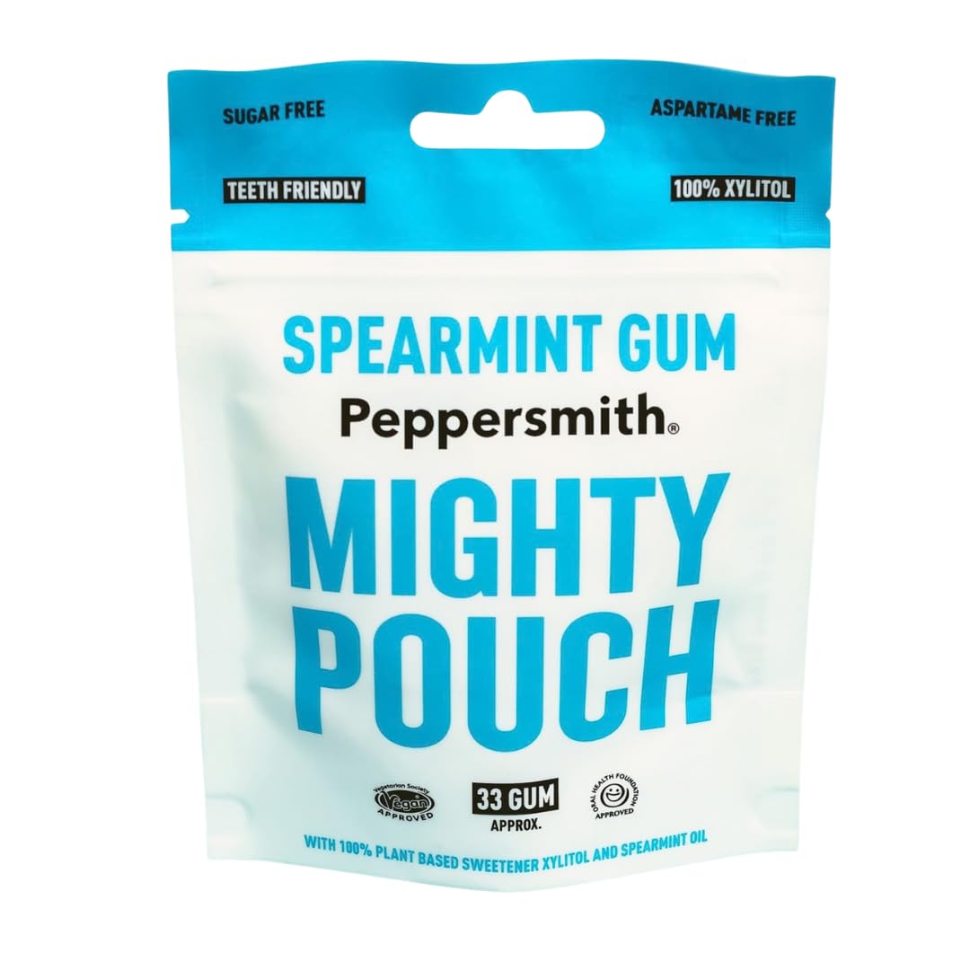 British Spearmint Gum - Vegan Friendly - 100% Plant Based Xylitol - Natural Flavours - Freshens Breath - Sugar Free Gum - Benefits Oral Health - Mighty Pouch - 33 Pieces