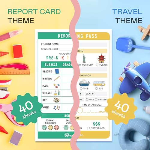Image of Tiny Expressions Kids Pretend Play Notepads - 40 Pages Boarding Pass & 40 Pages Classroom Report Card Notepad - Travel Booking Agent and Teacher Imaginative Role Play - Playtime Activity Sheets
