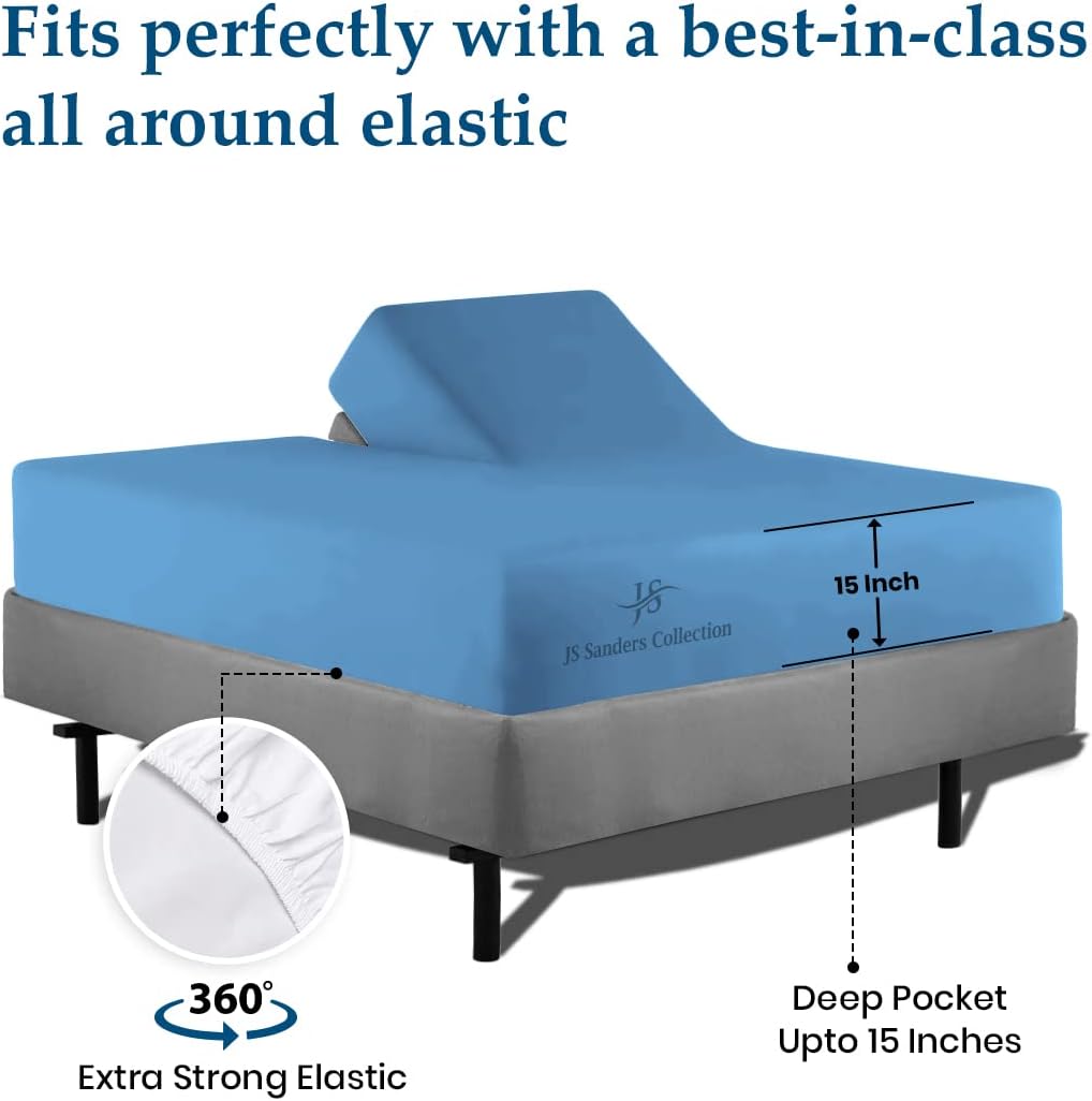 JS Sanders Collection Split Head Queen Sheet Set – 34" Flex Head Split – 100% Cotton, 600 Thread Count – Deep Pocket 4PC Adjustable Bed Sheet Set (Mediterranean Blue)